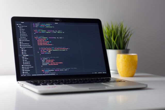 elite coding project on laptop on desk with flowers in background
